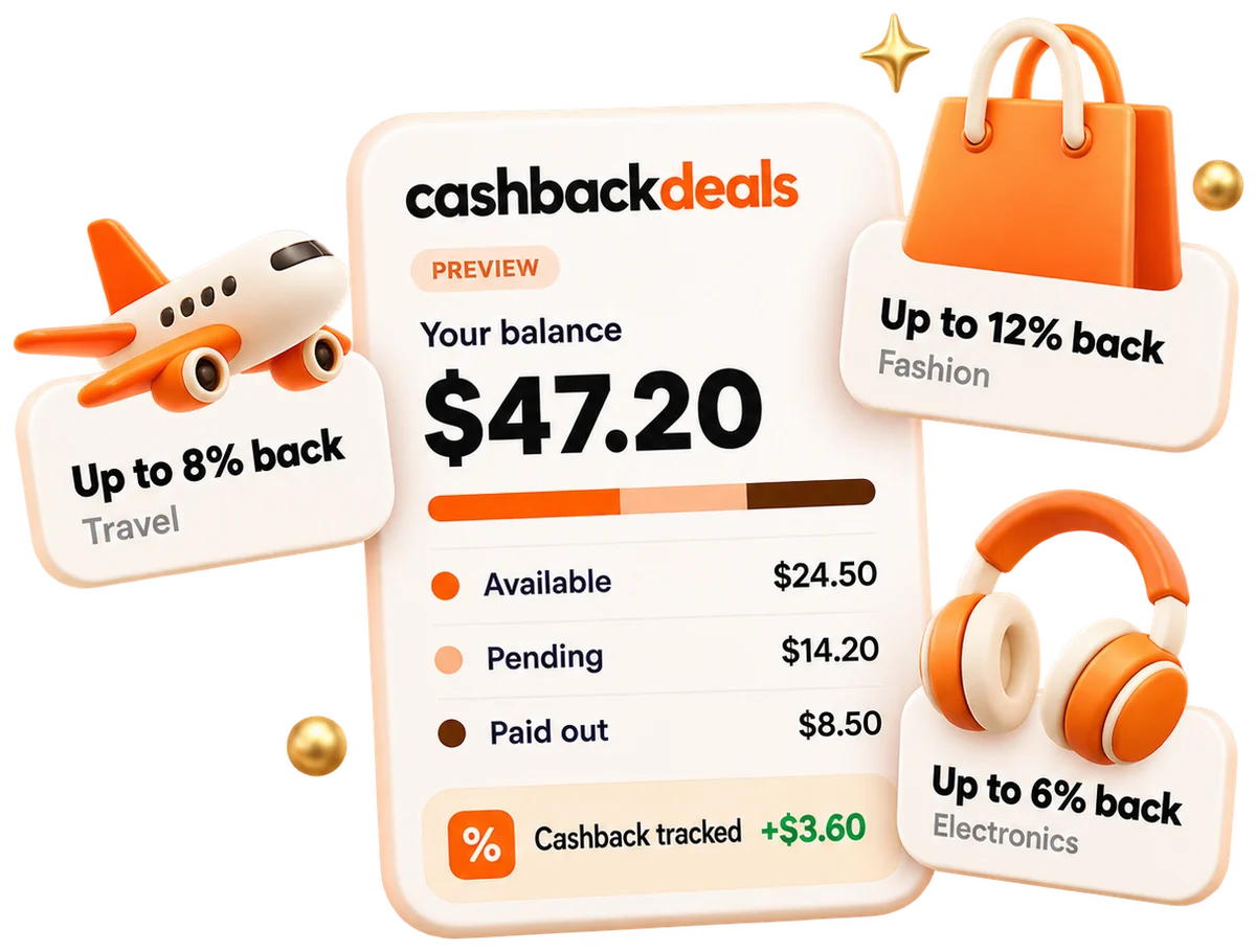 Preview of the CashbackDeals app: a $47.20 balance and cashback of up to 12% on fashion, 8% on travel and 6% on electronics
